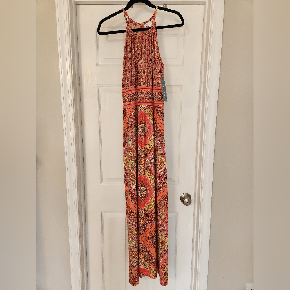 Bohemian Maxi Dress with Orange Multi Paisley Print, Size 10